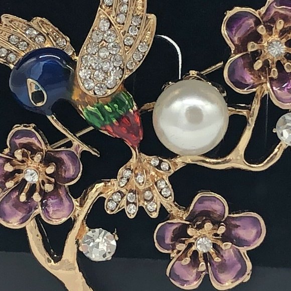 Hummingbird on Branch Pin Purple Enamel Flowers Crystal Pave Gold Plate NWT M393 - Picture 2 of 5